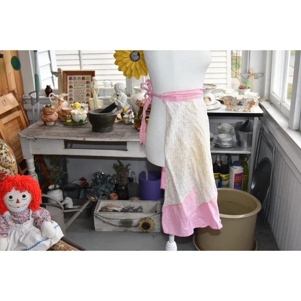 Vintage 50s-60s Half Aprons Cotton Tie Back Yellow and Pink Set of 2